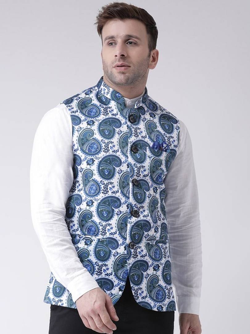 Men's White Viscose
Printed Nehru Jackets